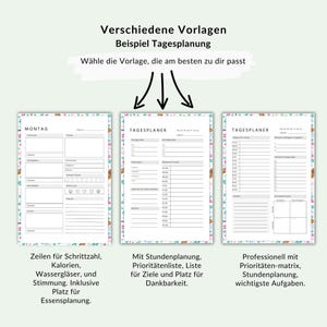 May include: Three different planner templates with floral borders are displayed. The top text reads "Various Templates, Example Daily Planning." The first planner is for Monday, the second and third are daily planners. Each planner has a different layout for scheduling.