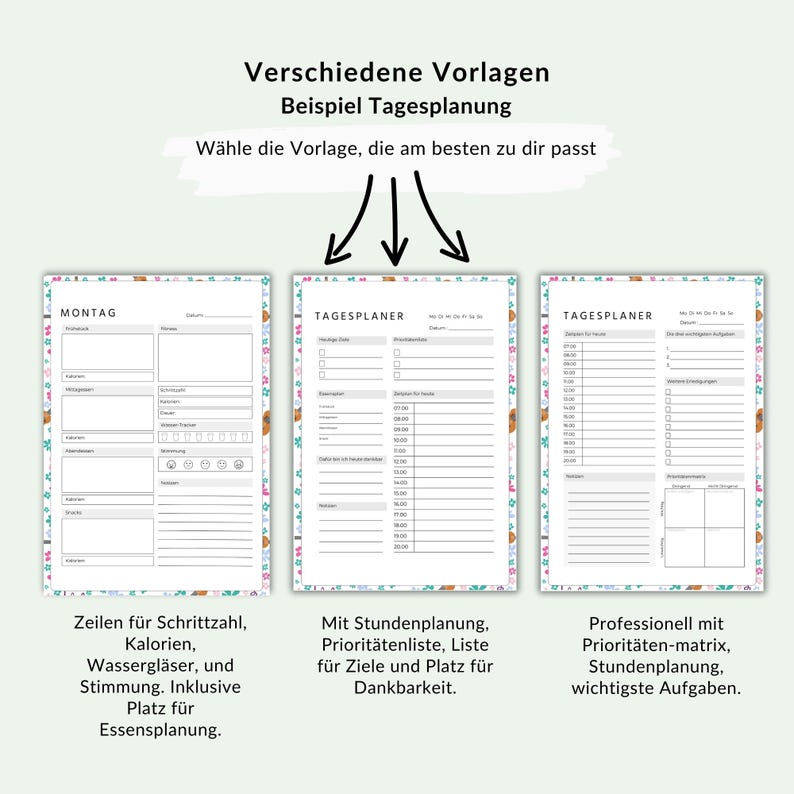 May include: Three different planner templates with floral borders are displayed. The top text reads "Various Templates, Example Daily Planning." The first planner is for Monday, the second and third are daily planners. Each planner has a different layout for scheduling.