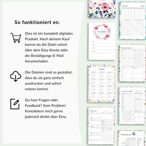 May include: A collection of digital planner pages with floral and botanical designs. The pages include calendars, daily and monthly planning sheets, and goal trackers. Text on the left side explains how to download the digital product.