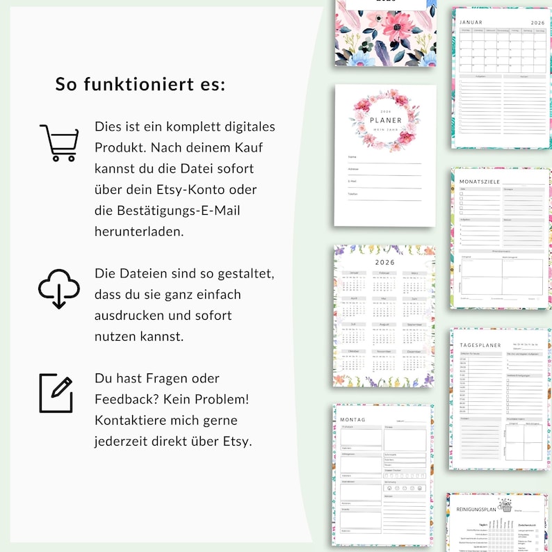 May include: A collection of digital planner pages with floral and botanical designs. The pages include calendars, daily and monthly planning sheets, and goal trackers. Text on the left side explains how to download the digital product.
