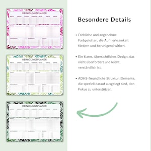 May include: Three printable cleaning schedule templates with a colorful floral design. Each template has a grid for daily tasks and a header that says "REINIGUNGSPLANER".