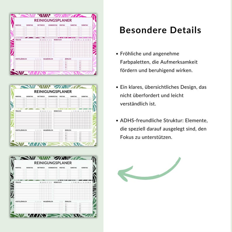 May include: Three printable cleaning schedule templates with a colorful floral design. Each template has a grid for daily tasks and a header that says "REINIGUNGSPLANER".