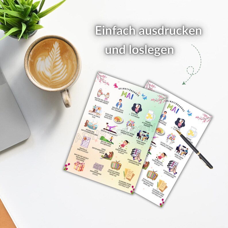 May include: Two printable checklists with a light green and light pink background. The checklists are titled "Self-Care Challenge Mai" and feature illustrations of activities such as taking a bath, reading a book, and meditating. The text "Einfach ausdrucken und loslegen" is at the top of the image.