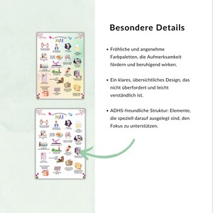 May include: Two colorful printable charts with the word "MAI" in the center. The charts feature a variety of activities and tasks for children, including playing with a ball, reading a book, and playing the piano. The charts are designed to be used as a visual schedule or to help children with ADHD focus.