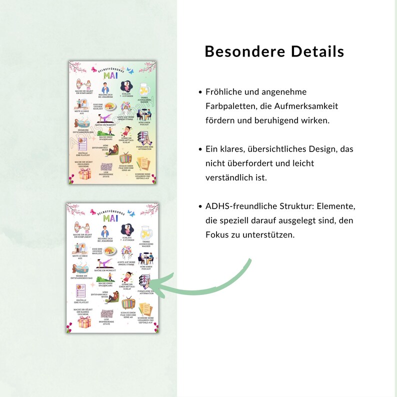 May include: Two colorful printable charts with the word "MAI" in the center. The charts feature a variety of activities and tasks for children, including playing with a ball, reading a book, and playing the piano. The charts are designed to be used as a visual schedule or to help children with ADHD focus.