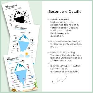May include: A printable poster with a blue and white iceberg illustration. The poster is titled "The ADHD Iceberg: The Classic Signs and Symptoms". The text on the poster describes the iceberg as a metaphor for ADHD, with the visible part representing the outward symptoms and the hidden part representing the internal challenges.