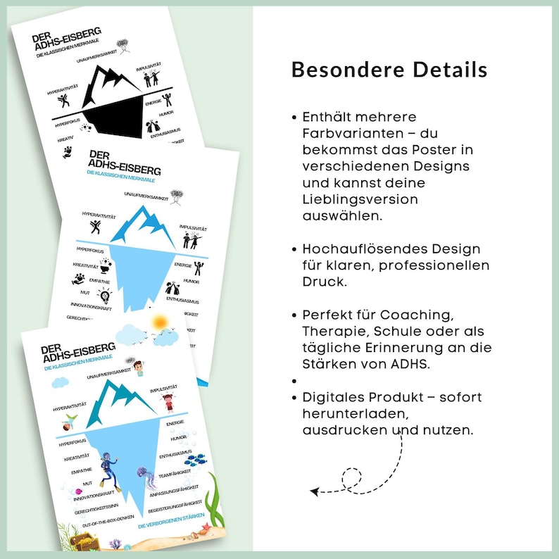 May include: A printable poster with a blue and white iceberg illustration. The poster is titled "The ADHD Iceberg: The Classic Signs and Symptoms". The text on the poster describes the iceberg as a metaphor for ADHD, with the visible part representing the outward symptoms and the hidden part representing the internal challenges.