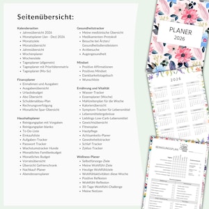May include: A planner for 2026 with a floral design, featuring a calendar and various trackers for health, finances, and wellness. The pages include sections for daily planning, goal setting, and habit tracking. The planner is designed to help organize and manage different aspects of life.