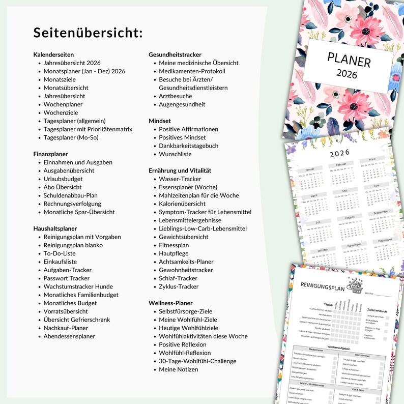 May include: A planner for 2026 with a floral design, featuring a calendar and various trackers for health, finances, and wellness. The pages include sections for daily planning, goal setting, and habit tracking. The planner is designed to help organize and manage different aspects of life.