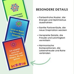May include: Three colorful affirmation cards with positive messages. The cards feature a mandala design with vibrant colors and intricate patterns. The text on the cards reads: "Self-Care Affirmations", "I am a magnet for positivity and self-love", and "I surround myself with people and things that are good for me."