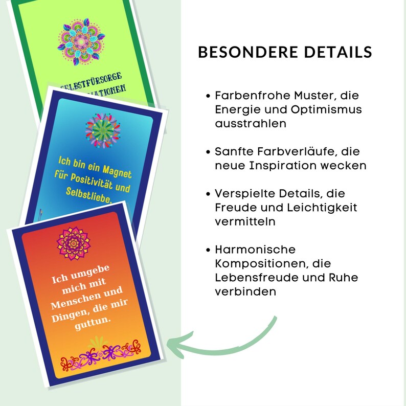 May include: Three colorful affirmation cards with positive messages. The cards feature a mandala design with vibrant colors and intricate patterns. The text on the cards reads: "Self-Care Affirmations", "I am a magnet for positivity and self-love", and "I surround myself with people and things that are good for me."