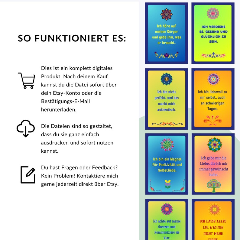 May include: A colorful digital download with instructions on how to use the product. The text reads "SO FUNKTIONIERT ES:" and includes a shopping cart, a cloud with a download arrow, and a pencil and paper icon. The text also includes the phrases "Dies ist ein komplett digitales Produkt" and "Du hast Fragen oder Feedback?"