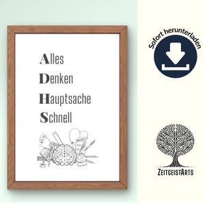 May include: A framed print with the text "Alles Denken Hauptsache Schnell" and a black and white illustration of a brain surrounded by school supplies.
