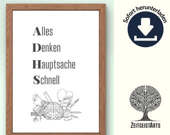 ADHS Poster | Wandkunst | A4 und A3 | Sofort herunterladen | ADHS Wandkunst | Deko für Praxis | Deko für Büro | ADHS Hilfe | Geschenk