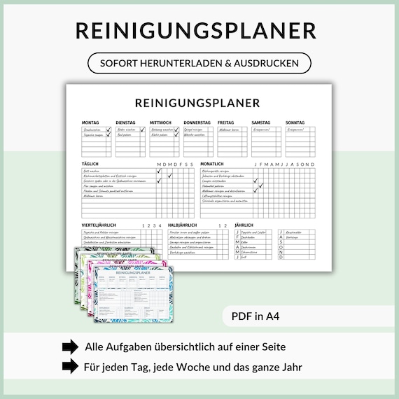 Reinigungsplan zum Ausdrucken für mehr Struktur beim Putzen, tägliche, wöchentliche, monatliche, jährliche Reinigungsaufgaben, ADHS-Putzplan