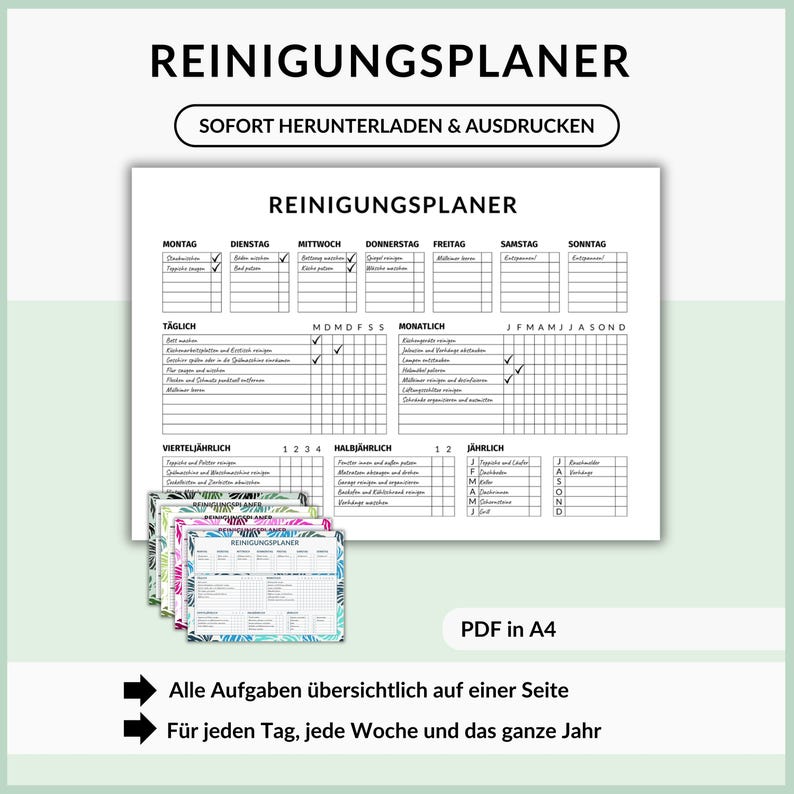 Reinigungsplan zum Ausdrucken für mehr Struktur beim Putzen, tägliche, wöchentliche, monatliche, jährliche Reinigungsaufgaben, ADHS-Putzplan image 1