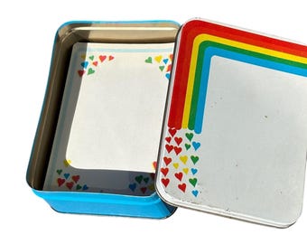 Vintage 80's Rainbow Heart Stationery Set Tin Blue White Retro