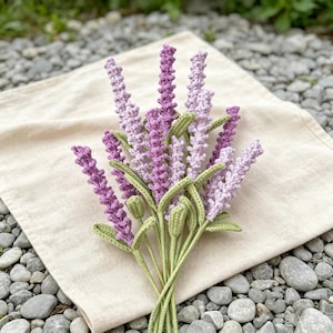 Könnte beinhalten: Ein Strauß aus gehäkelten Lavendelblüten mit mehreren Stielen, texturierten violetten und helllila Blüten sowie grünen Blättern. Die Stiele sind an der Basis zusammengefasst und zeigen eine detaillierte und filigrane Garnarbeit.