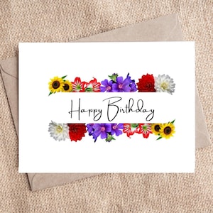 Cartão de Feliz Aniversário para Imprimir, Tamanho 5”x7” Dobrado, Branco com Flores Coloridas, Download Instantâneo, Arquivo PDF Não Editável