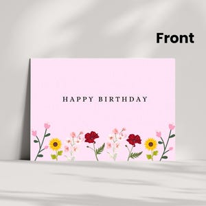 Carte de joyeux anniversaire imprimable, taille 5 x 7 pouces pliée, rose avec des fleurs colorées, téléchargement immédiat, fichier PDF non modifiable