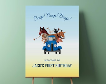 Edytowalny projekt powitalnego znaku na przyjęcie urodzinowe Little Blue Truck | Natychmiastowe pobranie | Szablon cyfrowy | Beep Beep Beep | Farm Animal Truck