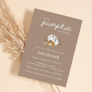 Editable A Little Pumpkin is On The Way Autumn / Fall Baby Shower Invitation Design | Printable Instant Download Digital Template or Evite