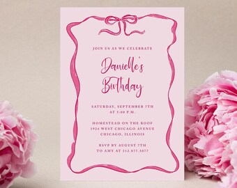 Design modificabile dell'invito alla festa di compleanno di Coquette rosa preppy / Download istantaneo / Modello digitale / Bow Girly Capesante Innamorato Ragazza morbida