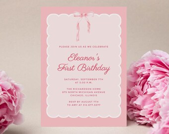 Design modificabile dell'invito alla festa di primo compleanno Coquette rosa preppy / Download istantaneo / Modello digitale / Girly Scallop Flirty Soft Girl