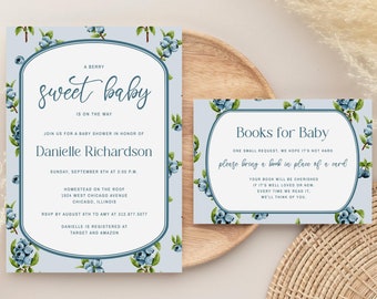 Editable A Little Blueberry is On The Way Berry Sweet Baby Shower Invitation Design Bundle | Printable Instant Download Digital Template