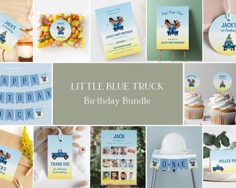 Puede incluir: Un paquete de fiesta de cumpleaños imprimible con un tema de camión azul. El paquete incluye una pancarta, adornos para cupcakes, etiquetas de regalo, un letrero de bienvenida, un telón de fondo para cabina de fotos y una etiqueta de agradecimiento. Los colores son azul, amarillo y blanco.