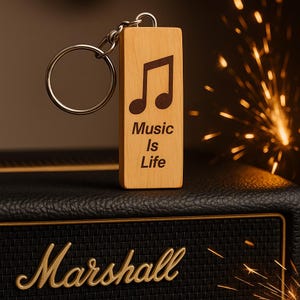 Handmade wooden keyring Music Is Life Custom Engraved Gift for Music Lovers Engrave a name date or message on the back