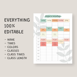 May include: A printable schedule template with a light green, pink, and peach color scheme. The template is designed for a student to plan their weekly schedule. The template includes a space for the student's name, the days of the week, and the times of day. The template also includes a space for the student to list their classes and the times of their classes.