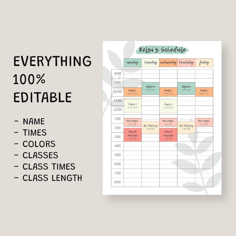 May include: A printable schedule template with a light green, pink, and peach color scheme. The template is designed for a student to plan their weekly schedule. The template includes a space for the student's name, the days of the week, and the times of day. The template also includes a space for the student to list their classes and the times of their classes.