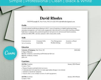 Business Resume Template, Editable, Standard Business Outline, Black and White, Simple, Clean, Easy to Read, Skills, Profile, Experience
