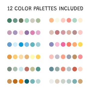 May include: Twelve color palettes with 8 colors in each palette. The colors are arranged in rows of circles. The colors include shades of green, purple, blue, yellow, orange, brown, pink, and red.
