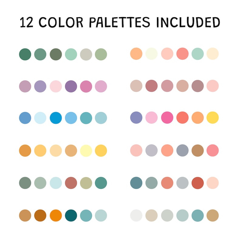 May include: Twelve color palettes with 8 colors in each palette. The colors are arranged in rows of circles. The colors include shades of green, purple, blue, yellow, orange, brown, pink, and red.