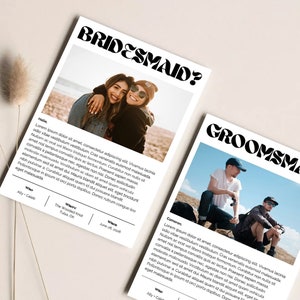 ウェディング パーティーのプロポーズ カード、Canva で編集、テンプレート、花嫁介添人のプロポーズ、花婿介添人のプロポーズ、印刷可能、編集可能、写真と手紙