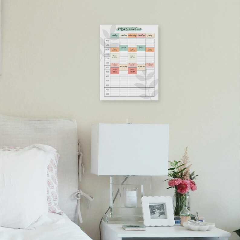 May include: A white printable schedule with the title "Relia's Schedule" and days of the week listed across the top. The schedule is divided into hourly time slots from 8:00 AM to 8:00 PM. Each day has a different color background.