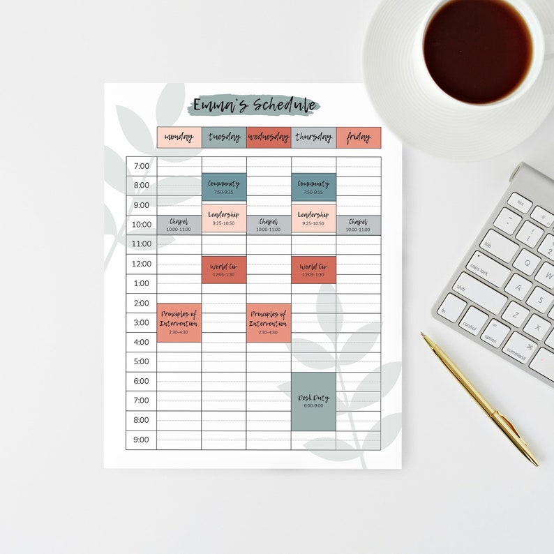 May include: A printable weekly schedule template with a light gray background and a floral design. The schedule is divided into days of the week, with time slots from 7:00 AM to 9:00 PM. The template includes the text "Emma's Schedule".