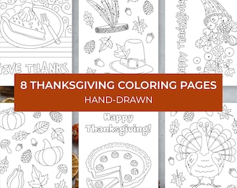 8 Thanksgiving Coloring Pages, Hand-drawn, School, Church, Holiday, Printable, Digital Downloads, PDF