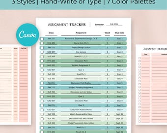 Assignment Tracker Template, Editable, Canva, Print, College and Highschool, Homework Assignments, Cute and Organized