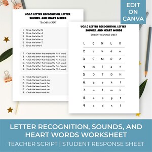 Hoja de trabajo de reconocimiento de letras mayúsculas y minúsculas, sonidos y palabras con forma de corazón, guión para el maestro, hoja de respuesta para estudiantes, preescolar y jardín de infantes