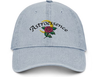 Astroessence Cotton Denim Cap with brim, soft 100% cotton denim in light or regular blue with Astroessence Tree Peony & crescent moon logo