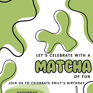 EDITABLE green matcha birthday invitation, matcha themed birthday invite, groovy matcha birthday invite