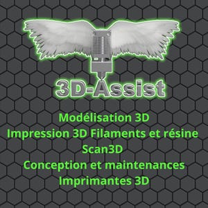 May include: A 3D printer with wings, the text "3D-Assist" in green, and the text "Modélisation 3D Impression 3D Filaments et résine Scan3D Conception et maintenances Imprimantes 3D" in white.