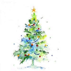 Christmas Tree Art Print, Watercolor, Holiday Art, Pine Tree Painting, Art by Lady Majik Horse