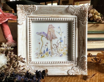 Little Mouse Mushrooms Miniature Framed Art, Watercolor Art Print by Art by Lady Majik Horse, Small Art Mini Art, Tiny Art, Chicory Flowers