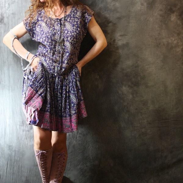 Vintage 1970s Bohemian Hippie India Cotton Dress Twirl Skirt Drop Waist Pockets
