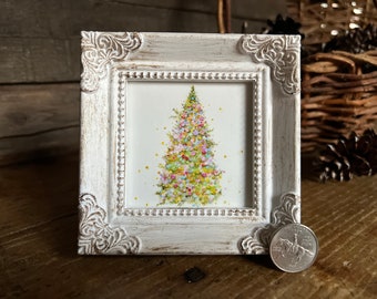 Happy Christmas Tree Miniature Framed Art, Watercolor Art Print by Art by Lady Majik Horse, Small Art Mini Art, Pine Tree Painting