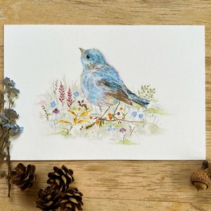 Bluebird Art, Bluebird Art Print, Bluebird Painting, Spring Art, Watercolor Bluebird, Bluebird & Wildflowers, Nature Art, Woodland Nursery image 2